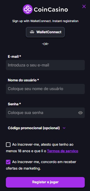 Para preencher o formulário de inscrição no CoinCasino é bem rápido